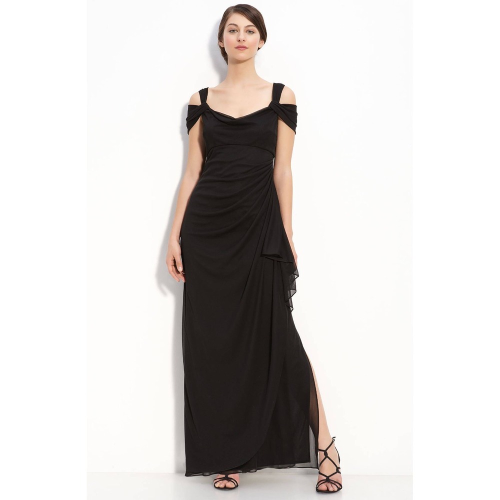 Alex Evenings Black Cold Shoulder Draped Ruffle Column Gown Dress Size 14 Event